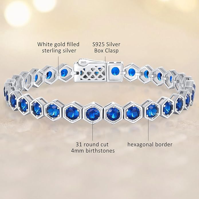 Birthstone Tennis Bracelets for Women Birthday Gifts 925 Sterling Silver Hexagon White Gold Bracelets Round Cut 5A Cubic Zirconia Prong Setting 7 Inch Anniversary Jewelry Gift
