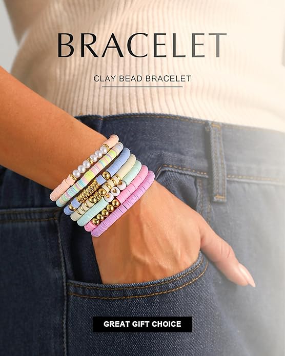 Friendship Bracelets Trendy Heishi Clay Bead Bracelets Stack Gold Beaded Stretch Bracelets for Women Boho Stackable Bracelets Bulk Cute Preppy Jewelry