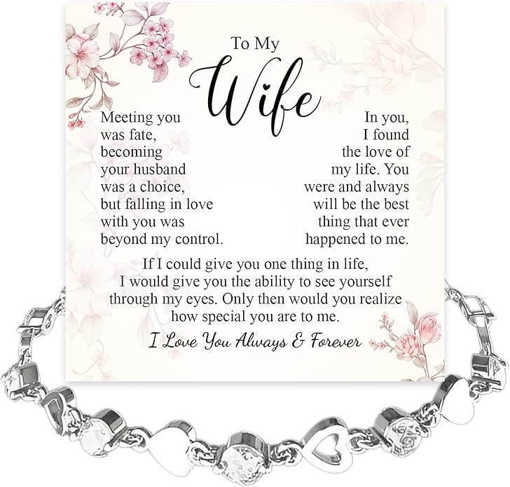 “To My Wife Heart Bracelet – Crystal Heart Link Jewelry Gift with Message Card”.