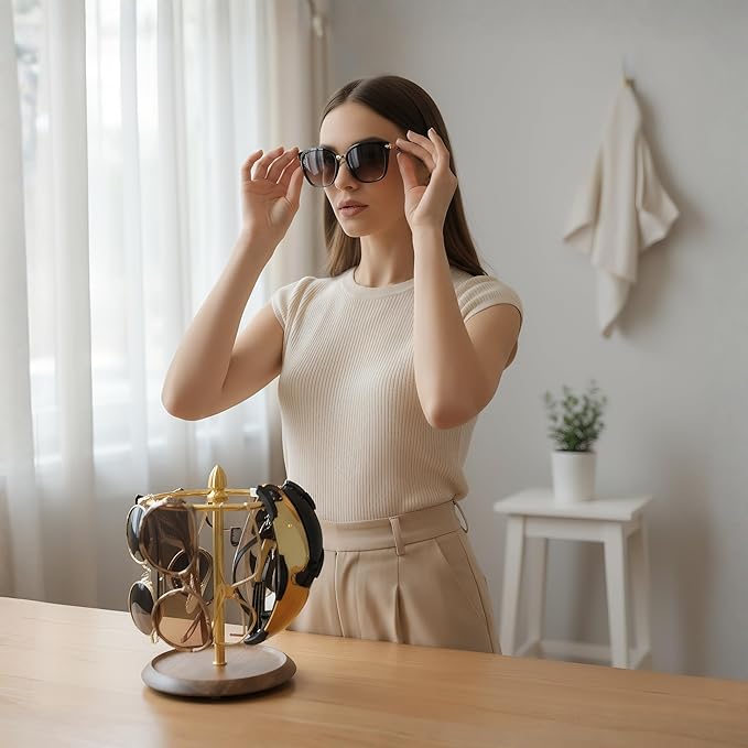 Sunglasses Organizer, Glasses Display Stand for 12 Pairs, Base Storage for Jewelry (Wood+Gold)