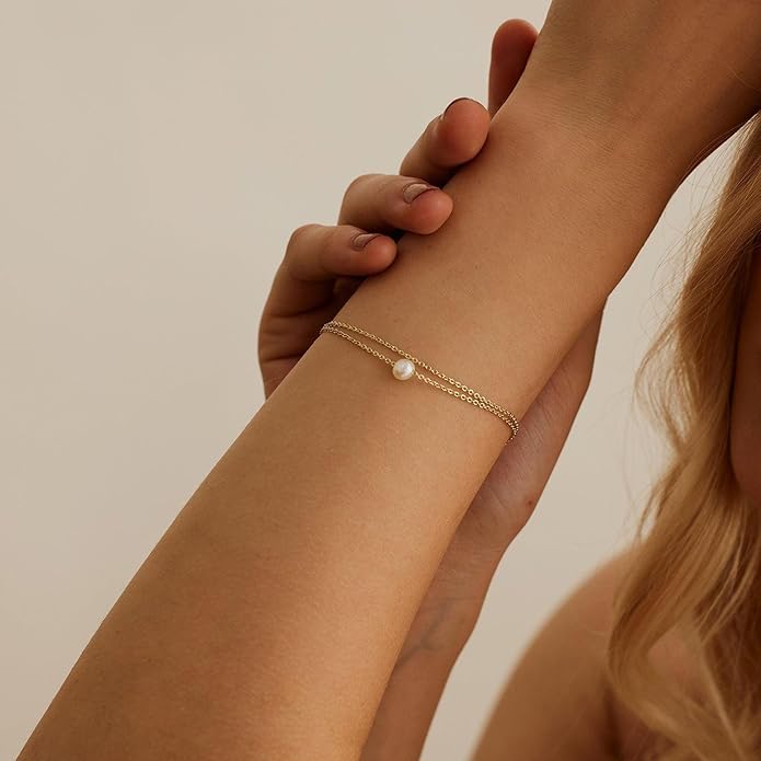 SLOONG Valentines Day Gifts for Her Gold Pearl Bracelets, 18K Real Gold Plated Dainty Stackable Snake Chain CZ Heart Pendant Bracelets, Layered Waterproof Jewelry Gift for Women Adjustable 6"+2"