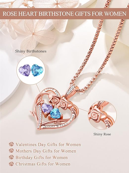 Rose Heart Necklaces for Women, Rose Gold Forever Love Jewelry with 2 Birthstones Pendant,Valentines Anniversarry Birthday Gifts for Her Wife Mom Grandma Daughter, 18+2 Inch Chain