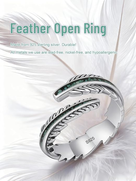 Turquoise/Moss Agate/Moonstone/Black Onyx/Lapis Lazuli/Labradorite/Tiger Eye Feather Ring 925 Sterling Silver Adjustable Ring Western Thumb Rings Vintage Jewelry Gifts for Women