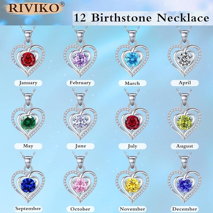 RIVIKO Heart Birthstone Pendant Necklace for Women 925 Sterling Silver Zirconia Necklaces Valentine's Day Anniversary Birthday Mothers Day Jewelry Gifts For Her Mother Wife