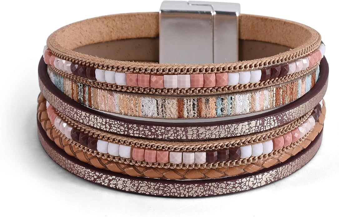 Wrapped Bracelets for Women,Leather Bracelet,Boho Bracelets for Women,Multi-Layer Pearl Crystal Bracelet Bangle Jewelry