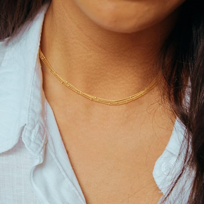 CHESKY 14k Gold Plated/Silver Plated Dainty Necklace for Women, Trendy Satellite Choker Necklace Thin Beaded Layered Choker Necklaces Discs Paperclip Chain Necklaces Womens Simple Jewelry