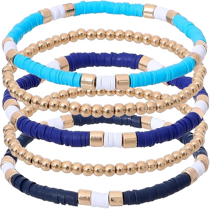 GOOJIDS Surfer Heishi Clay Bead Bracelets for Women Bohemian Stackable Gold Plated Beaded Stretch Bracelets Elastic Layering Friendship Bracelets Set Boho Jewelry