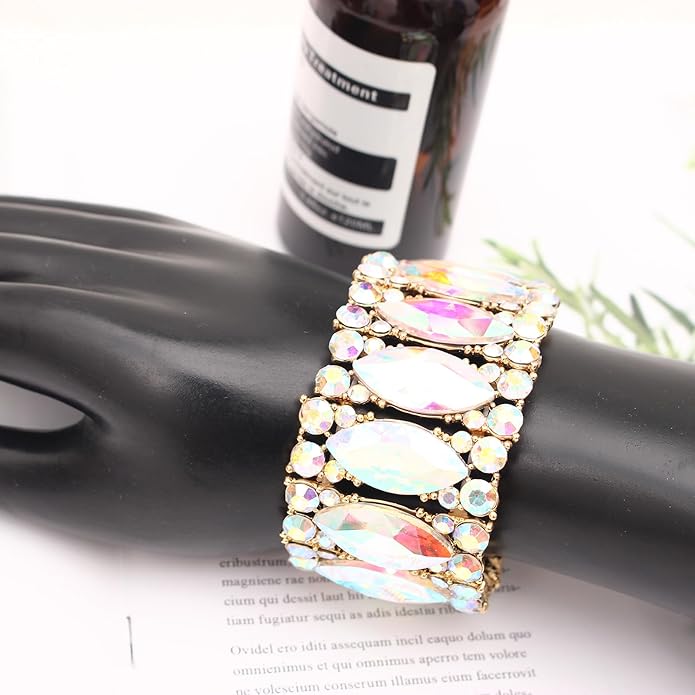 Women’s Elegant Wedding Bridal Crystal Double Row Marquise-Shape Leaf Stretch Bangle Bracelet Bride Jewelry for Women