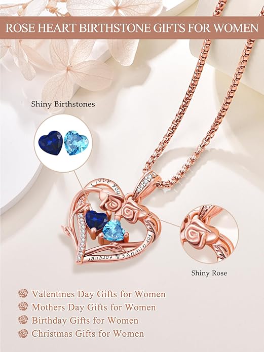 Rose Heart Necklaces for Women, Rose Gold Forever Love Jewelry with 2 Birthstones Pendant,Valentines Anniversarry Birthday Gifts for Her Wife Mom Grandma Daughter, 18+2 Inch Chain