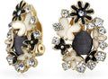 Pink Red Enamel Flower Crystal Edge Spring Retro Floral Rose Clip On Earrings For Women Non Pierced Ears 14K Gold Plated