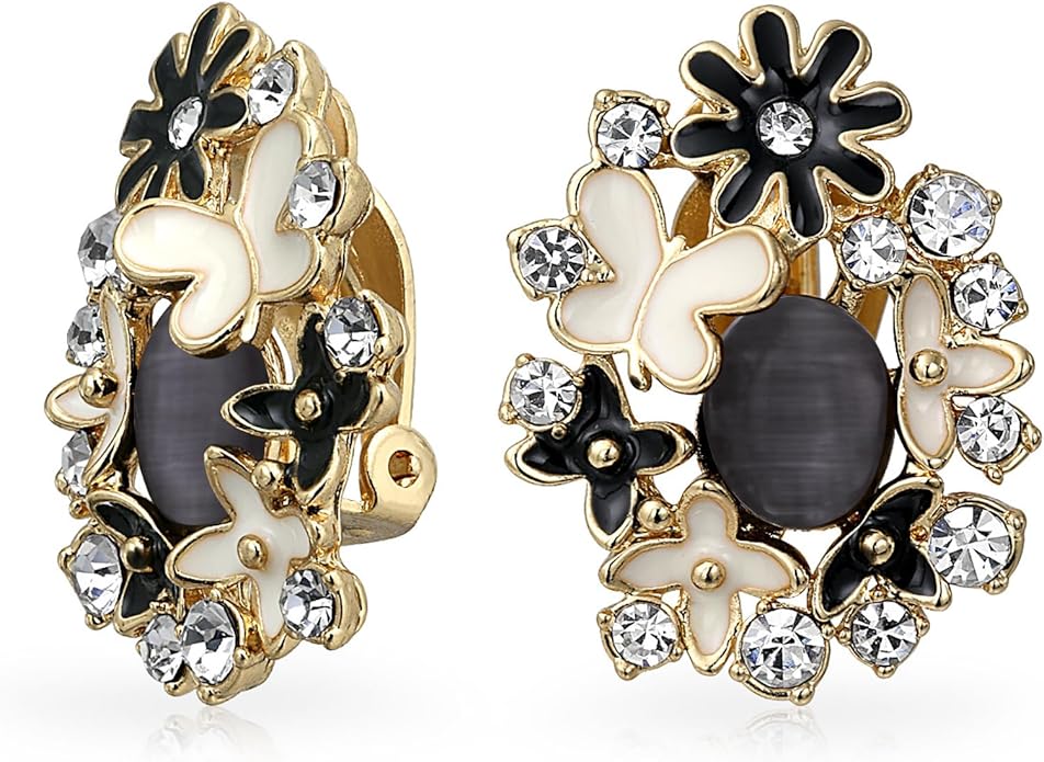 Pink Red Enamel Flower Crystal Edge Spring Retro Floral Rose Clip On Earrings For Women Non Pierced Ears 14K Gold Plated