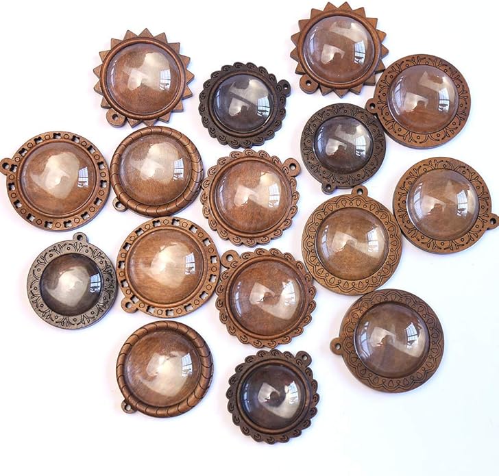 ToBeIT Bezel Pendant Trays Round Wooden and Glass Cabochon Round Clear Dome for DIY Crafting Photo Jewelry Making