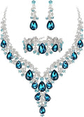 BriLove Women's Wedding Bridal Austrian Crystal Teardrop Flower Cluster Statement Necklace Dangle Earrings Jewelry Set for Party Prom