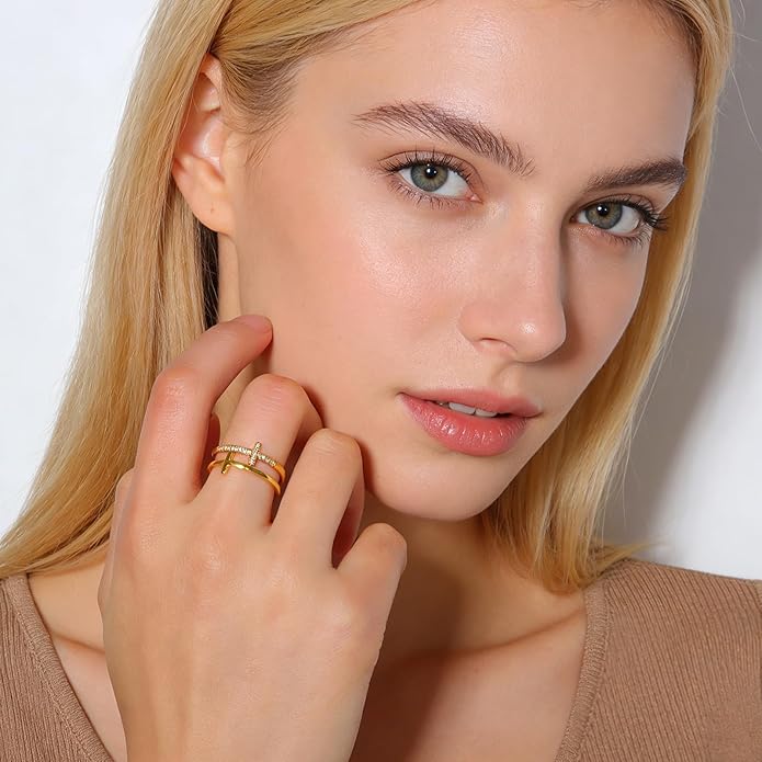 Cross Ring for Women 14 Gold Plated Hammered Texture Open Ring Size Adjustable Dainty Faith Christian Jewelry Gifts