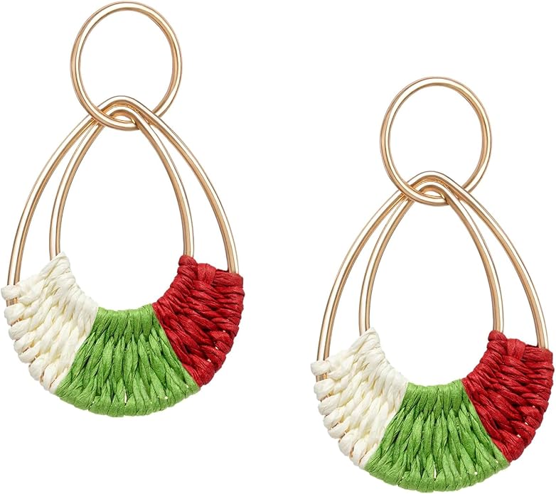 Raffia Hoop Earrings for Women Fun Boho Summer Beach Earrings Lightweight Handmade Straw Wicker Rattan Dangle Earrings Statement Geometric Round Drop Earrings