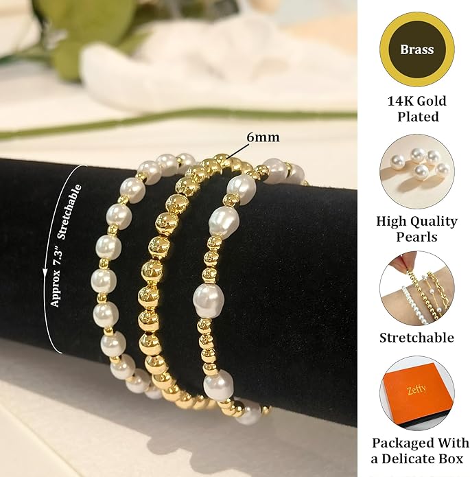 Zeffy Gold Pearl Beaded Bracelet for Women, 14K Gold Plated Jewelry Set With Paperclip Link Chain, Trendy Stack Bracelets