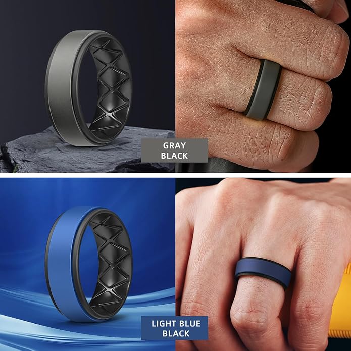 Egnaro Silicone Rings for Men 1/4/5/6/7 Multipack of Breathable Mens Silicone Rubber Wedding Rings Bands - Step Edge