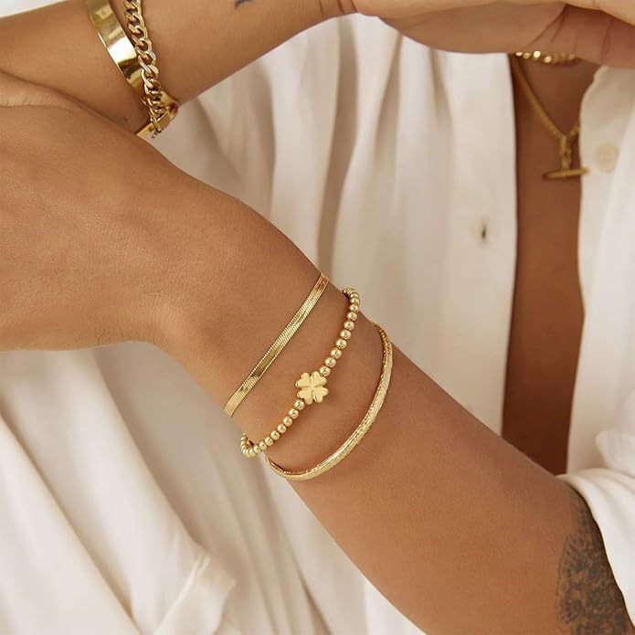 Gold Bracelets for Women 14K Gold Beaded Bracelets Stackable Bracelets for Women Gold Charm Bracelet Non Tarnish Gold Jewelry for Women Trendy