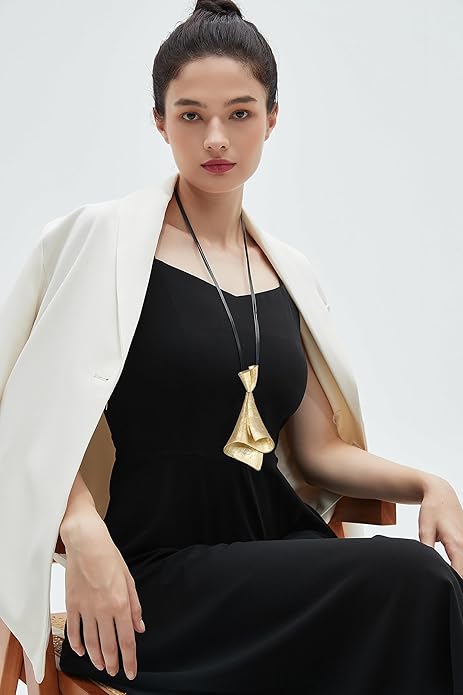 GelConnie Leather Necklace for Women Large Pendant Long Brown Necklace Circle Leather Choker Vintage Sweater Necklace Gold Chunky Boho Necklaces for Women