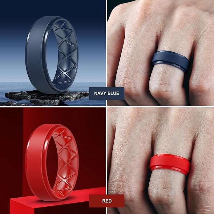 Egnaro Men's Rings 8.5mm Wide-2mm Thick Inner Arc Ergonomic Breathable Rubber Wedding bands-Hypoallergenic for Gym/Outdoor/Gift((1-7 Variety Pack with Half Size)