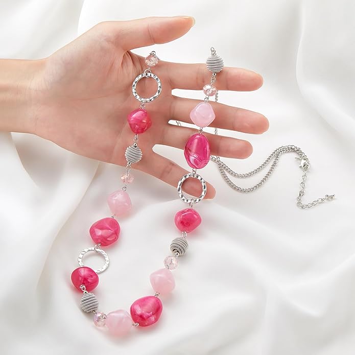 BULINLIN Beaded Long Necklace for Women Silver Sweater Chain Necklace with Crystal Resin Beads, Fashion Jewelry Necklace