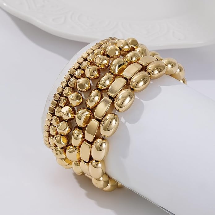 Gold Plated Beaded Bracelets for Women Trendy, 14K Gold Plated Stack Cross Pearl Gold Plated Bead Stretch Bracelets Set Elastic Hypoallergenic Bracelets Jewelry Gifts