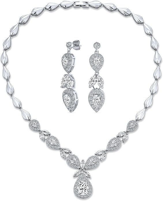 Bridal Jewelry Set Art Deco Vintage Estate Style Cubic Zirconia Marquise Leaf Teardrop AAA CZ Statement Cleavage Choker Necklace & Chandelier Dangle Clip On Or Pierced Earrings For Women Pageant