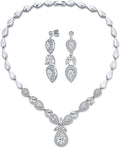 Bridal Jewelry Set Art Deco Vintage Estate Style Cubic Zirconia Marquise Leaf Teardrop AAA CZ Statement Cleavage Choker Necklace & Chandelier Dangle Clip On Or Pierced Earrings For Women Pageant