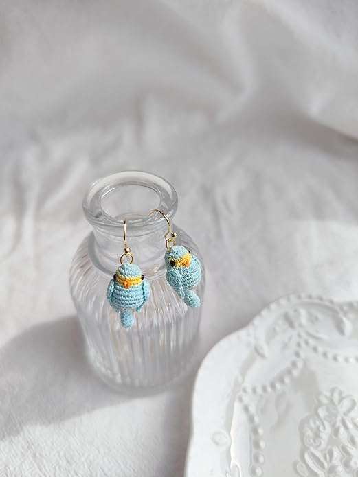 Hand-crocheted yellow and blue parrot earrings, miniature crocheted artistic cute playful parrot gifts accessories