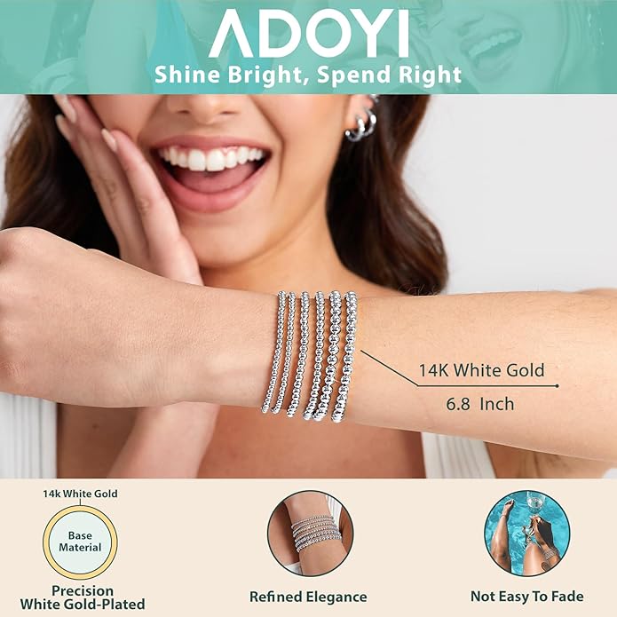 adoyi Valentines Day Gifts for Her Gold Bracelets for Women Waterproof, 14K Gold Plated Beaded Strand Bead Ball Bracelets stack Adjustable Jewelry Set for Gifts