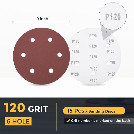 HARFINGTON 15 Pcs 9 Inch Sanding Discs 120 Grit Red Aluminum Oxide 6 Hole | - Image 2