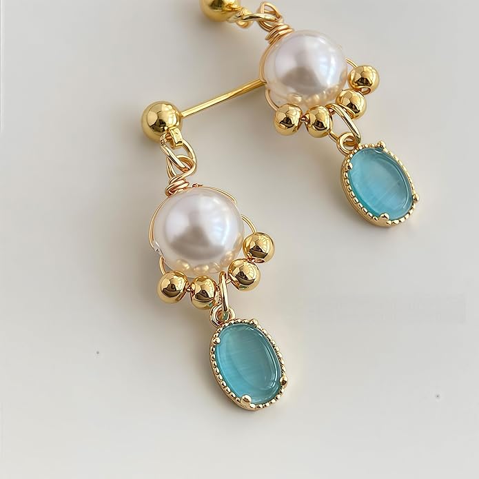 Hupplle Handmade Vintage Boho Dangle Earrings with Natural Stone Crystal Pearl Lightweight Hypoallergenic Elegant Jewelry Gifts for Women