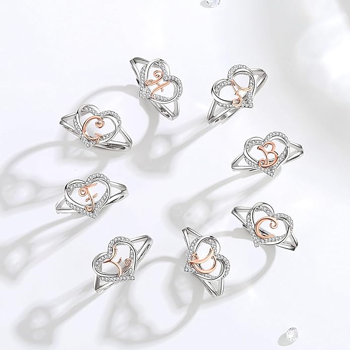 INFUSEU 925 Sterling Silver Initial Heart Ring for Women Girls, Adjustable Size