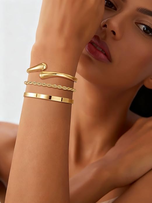 Gold Bangle Bracelets for Women, Non Tarnish Dainty 14K Gold Plated Cuff Bracelets Stackable for Women,Waterproof Bracelet Stack Gold Jewelry Gifts Trendy Adjustable Accessories