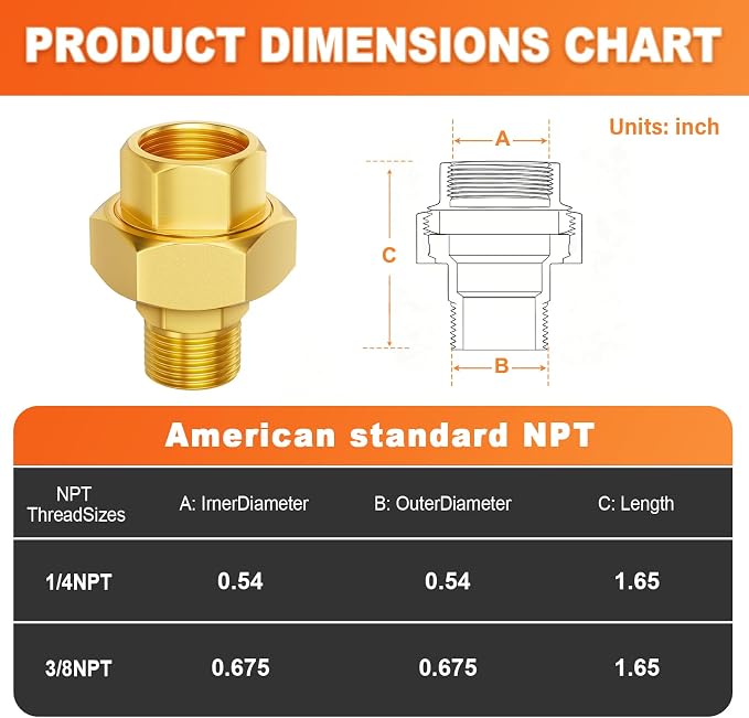 GASHER 3/8" NPT Brass Union Pipe Fitting | 3/8 Inch Male x 3/8 Inch Female - Image 3