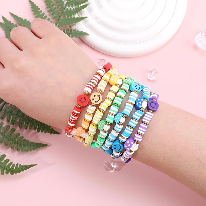Bohemian Colorful Beaded Bracelets for Women Boho Stackable Natural Stone Letter Clay Glass Beads Stretch Bracelet Set with Charm, Cute Rainbow Friendship Bracelets for Summer Vacation