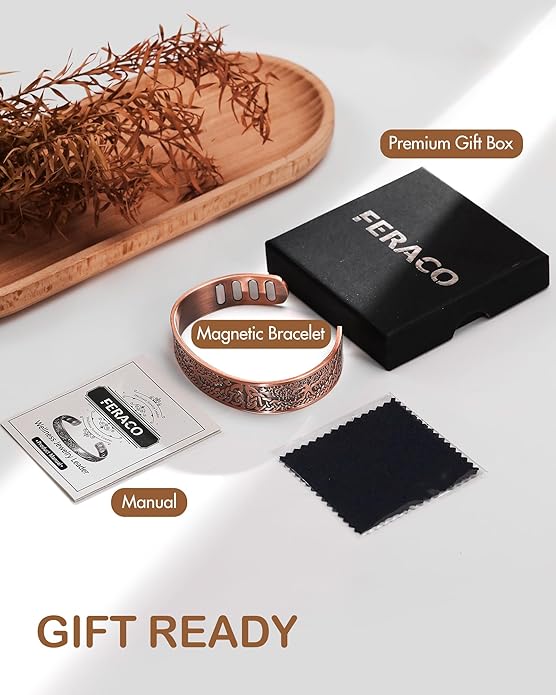 Feraco Copper Bracelet for Men, 5X Ultra Strength Magnetic Cuff Bangle with 5000 Gauss Neodymium Magnets, 99.99% Pure Copper Jewelry Gift, Adjustable