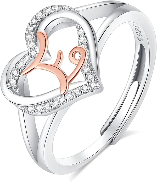 INFUSEU 925 Sterling Silver Initial Heart Ring for Women Girls, Adjustable Size