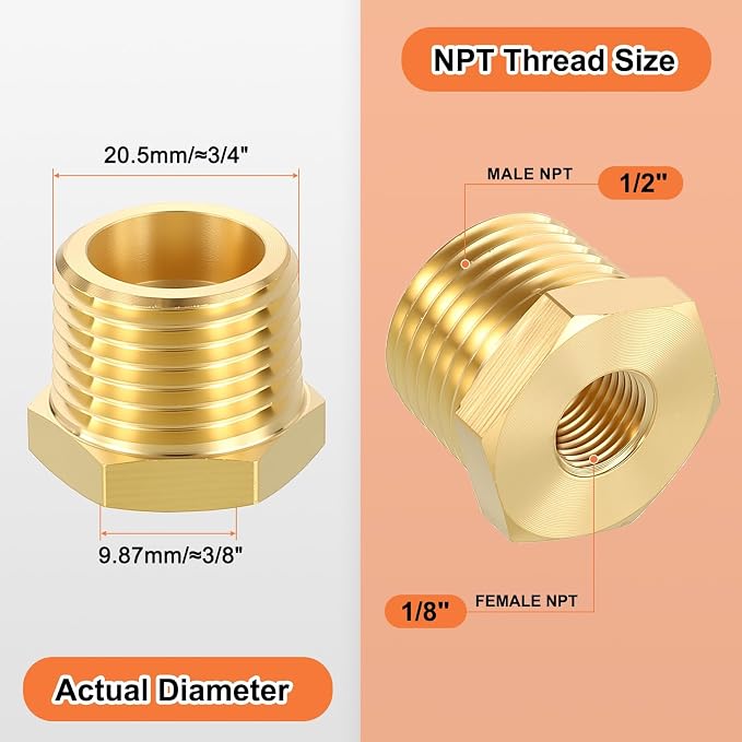 6 Pack Male to FeMale Adapters, 1/2" MNPT x 1/8" FNPT Brass Hex Bushing Reducer - Image 2