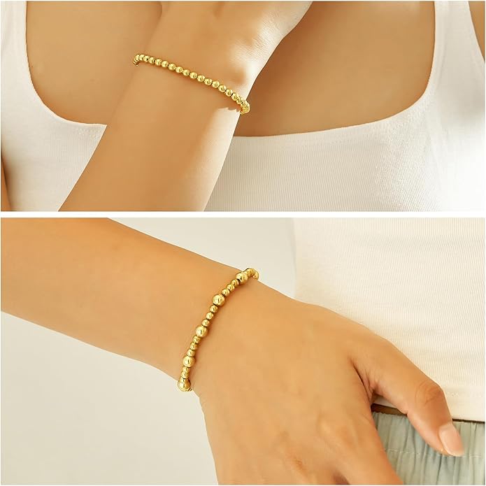 wgoud Gold Bracelets for Women - Trendy 14K Real Gold Plated Beaded Bracelet Set with Stretch Beads, Waterproof, Adjustable, Perfect Gifts