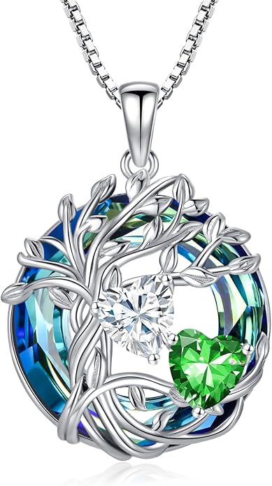 TOUPOP s925 Sterling Silver Family Celtic Tree of Life Pendant Necklaces with 2 Heart Birthstone with Blue Austrian Crystal Jewelry Birthday Valentines Day Gifts for Her, Anniversary Christmas Gifts for Wife Girlfriend Mom (18K Real White Gold Filled)
