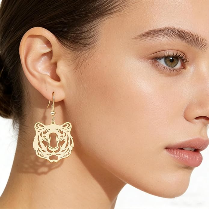 WCRAZYE Tiger Head Earrings for Women, Lightweight Gold, Football Team Spirit Mascot, Animal Inspired Game Day Jewelry