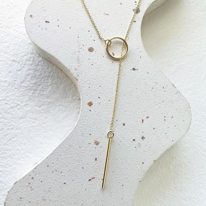 Lariat Gold Necklace for Women, Dainty Long Necklace 14k Gold Plated/Silver Y-Shaped Layered Beaded Chain Drop Necklaces for Women Trendy Simple Gold Jewelry for Women Gifts