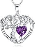 Tree of Life Necklaces for Women 925 Sterling Silver Heart Pendant Birthstone Necklace Created Gemstone Jewelry for Her, 18"+2"