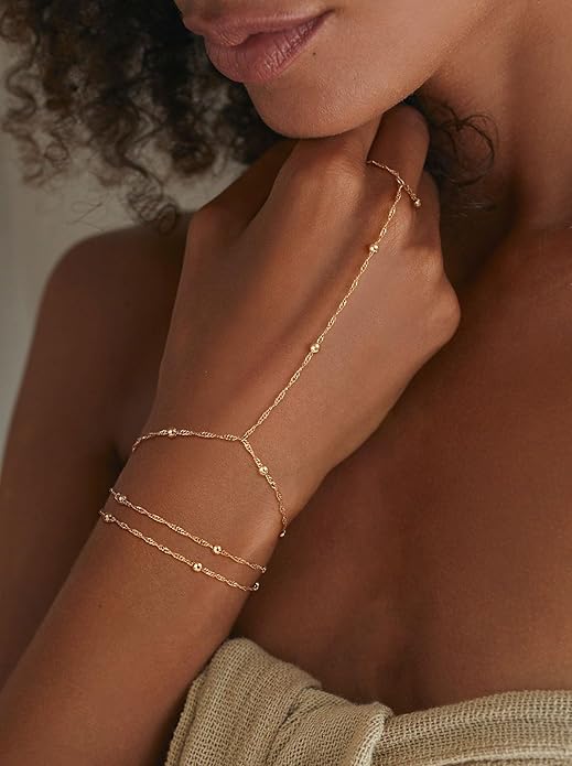CHESKY 14K Gold Plated Hand Chain Bracelets for Women Set - Dainty Finger Ring Bracelet Stack Adjustable Hand Chains Durable Beaded Bracelets Trendy Simple Body Jewelry Gift for Women