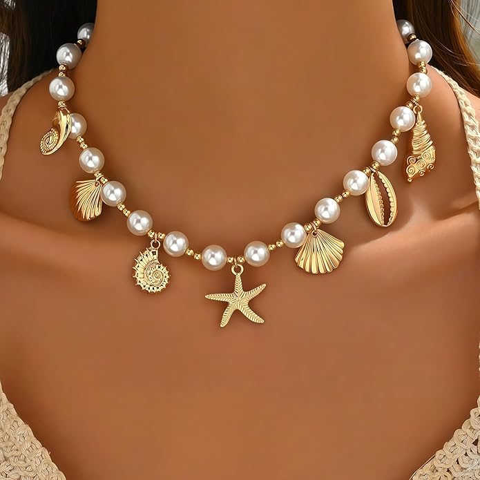 Shell Starfish Necklace for Women, 14k Gold Plated Boho Layered Beaded Charm Pendant Necklace, Dainty Adjustable Pearl Conch Summer Beach Vacation Jewelry Gifts