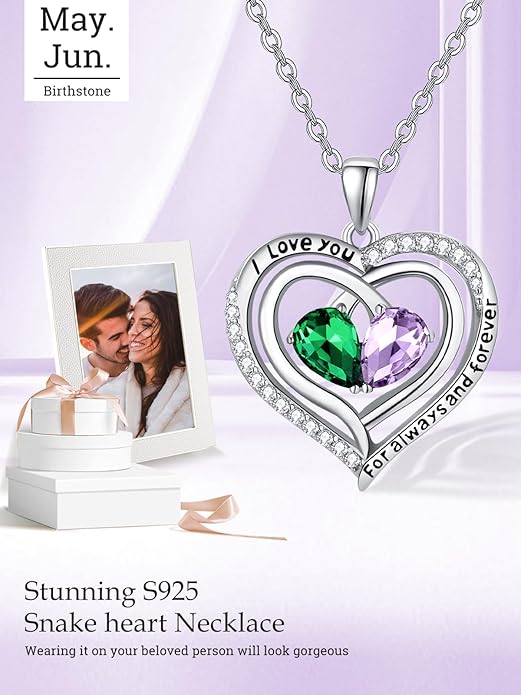 Valentine's Day Gifts for Wife 925 Sterling Silver Double Birthstone Pendant Necklaces I Love You for Always and Forever Necklace Anniversary Birthday Gifts for Wife Girlfriend Mom Her