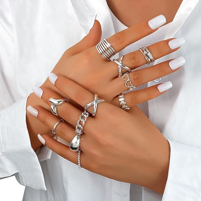 KISS WIFE Goldenen Silvery Black Kunckle Rings Set for Women, Dainty Simple Trendy Cute Stackable Finger Rings Pack, Perfect for Stacking Layering on Thumb and Knuckle, Mixed Size, Jewelry Gift