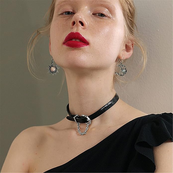 ANDPAI Unique Chic Abstract Hollow Black Vintage Silver Asymmetry Moon Star Sun Dangle Drop Earrings Black Moonstone Moon Hypoallergenic Earrings for Women Statement Jewelry Gifts