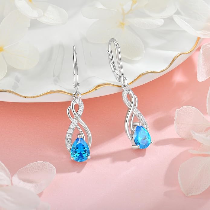 Infinity Love Birthstone Earrings for Women 925 Strling Silver 5A Cubic Zirconia Dangle Drop Leveback Earrings Jewelry Birthday Christmas Day Gifts for Her